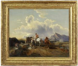 Rast Und Begegnung An Der Tranke, Im Hintergrund Der Untersberg Bei Salzburg by Friedrich Gauermann