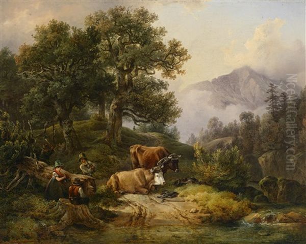 Eine Waldpartie, Im Hintergrund Der Otscher, Im Vordergrund Bauern, Die Im Holz Arbeiten, Mit Eingespannten Ochsen - view 1