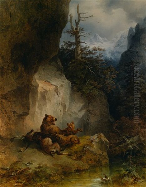 Eine Barin Mit Jungen Uber Einen Hirsch Her Beschaftigt - view 1
