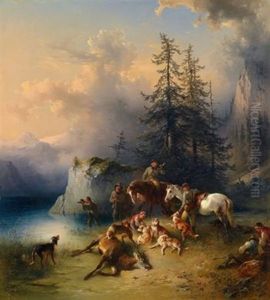 Die Beendete Jagd - Jager, Treiber Und Hunde Bei Einem Erlegten Hirsch by Friedrich Gauermann