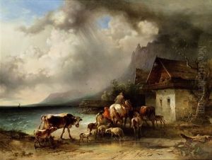 Heimeilende Herde Bei Regen Am Attersee (collab. W/wilhelm Pollak) by Friedrich Gauermann