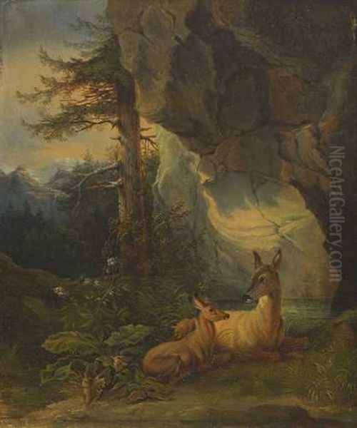 Reh An Der Quelle (+ Ricke Mit Kitz Vor Einer Felswand; Pair) - view 1