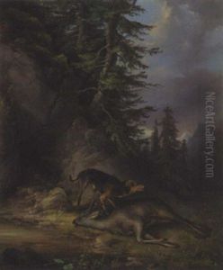 Jagdhund, Der Einen Erlegten Hirsch Verbellt by Friedrich Gauermann