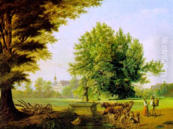Baumbestandene Landschaft Mit Kirche Im Hintergrund Und Figurlicher Staffage - view 1