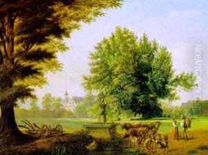 Baumbestandene Landschaft Mit Kirche Im Hintergrund Und Figurlicher Staffage