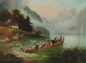 Figures And Cattle In A Boat In An Alpine Lake Landscape by Friedrich Gauermann