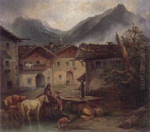 Bauernpaar Mit Vieh Am Dorfbrunnen by Friedrich Gauermann