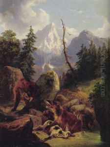 Baren Mit Erlegtem Reh Vor Aufragendem Gebirgsmassiv by Friedrich Gauermann