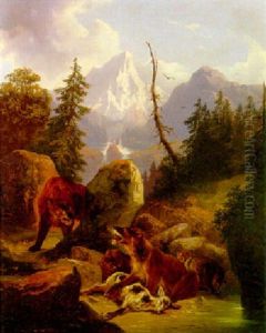 Bears With A Goat In A Mountainous Landscape by Friedrich Gauermann