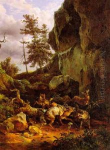 Felsengegend, Uber Eine Umgefallene Buche Setzen Rehe, Welche Von Wolfen Verfolgt Werden (wolves Attacking A Stag In A Rocky Landscape) by Friedrich Gauermann