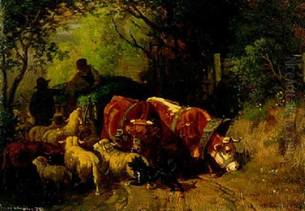 Baeuerin Und Bauer Mit Einem Ochsenwagen, Schafen Und Hund Auf Einem Weg - view 1