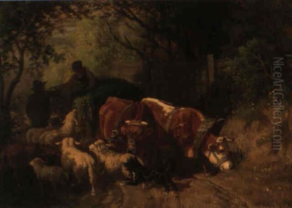Bauerin Und Bauer Mit Einem Ochsengespann, Schafen Und Hund - view 1