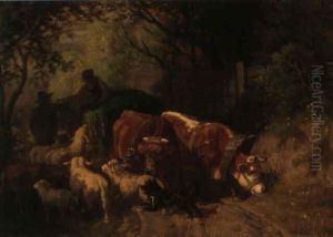 Bauerin Und Bauer Mit Einem Ochsengespann, Schafen Und Hund by Friedrich Gauermann