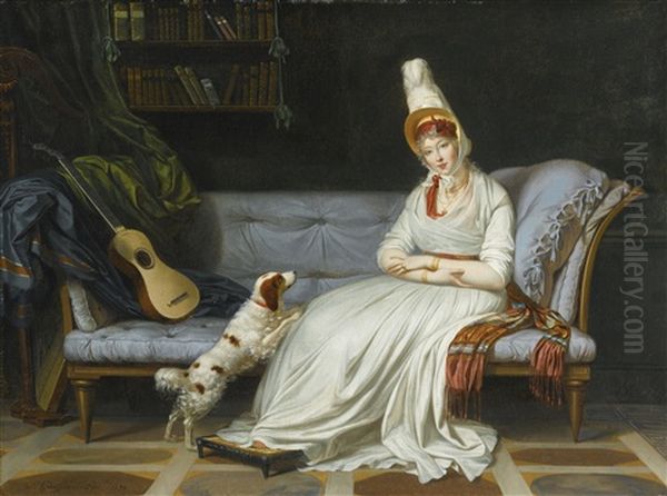 Portrait Of Elizabeth, Lady Webster, Later Lady Holland, Seated Full-length, In A White Dress And Feathered Hat, With Her Spaniel Pierrot, On A 'chaise-longue,' With A Guitar, In An Interior - view 1
