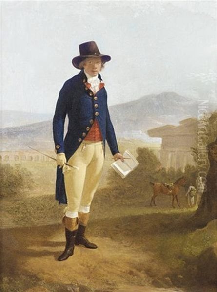 Portrait Of A Young Gentleman In A Dark Blue Coat, Red Waistcoat And Buff Breeches, With A Brown Hat, Holding A Book And A Crop, A Groom With Horses Before A Ruined Temple - view 1