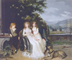 Portrait Of A Lady With Two Children And A Dog On A Terrace, An Extensive River Landscape Beyond by Louis Gauffier