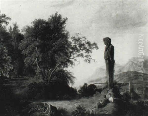 Classical Italianate Landscape With Figures Beneath A Statue Of Pan - view 1