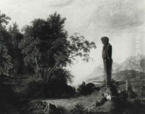 Classical Italianate Landscape With Figures Beneath A Statue Of Pan Classical Italianate Landscape With Figures Beneath A Statue Of Pan