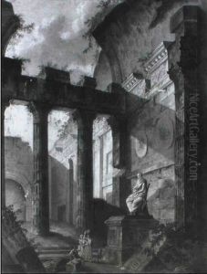 Figures Before A Statue In A Ruined Classical Temple by Louis Gauffier