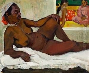 A Naked Dark Woman Laying With A White String Of Pearls Around Her Neck. On The Wall A Painting By Paul Gauguin by Paul Gauguin