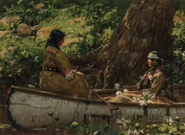 Two Indians In A Canoe, Forest Interior" C. 1890 - view 1