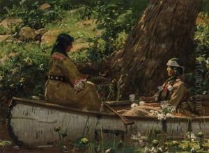 Two Indians In A Canoe, Forest Interior" C. 1890