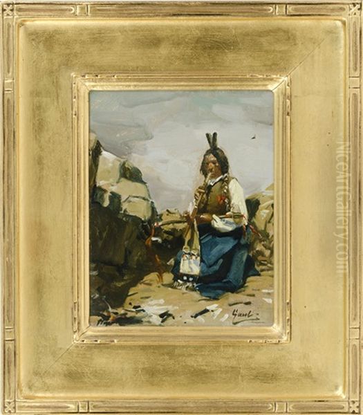 Portrait Of A American Native With Hatchet And Pipe - view 1