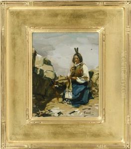 Portrait Of A American Native With Hatchet And Pipe by Gilbert Gaul