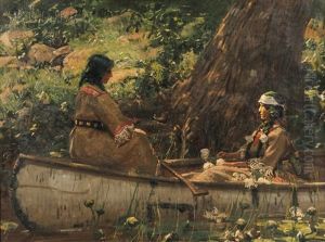 Two Indians In A Canoe, Forest Interior