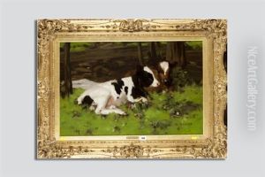 Two Calves Resting Beneath Some Trees