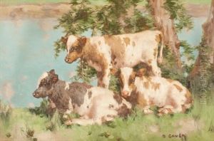Three Calves By The Water's Edge by David Gauld