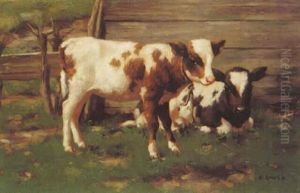 Calves Outside A Barn by David Gauld