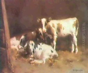 Three Ayrshire Calves In A Barn by David Gauld
