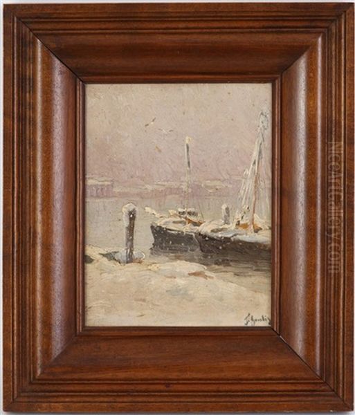 Barque Au Port Sous La Neige - view 1