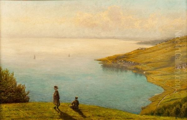 Fillettes Admirant Le Lavaux Et Le Lac Leman - view 1