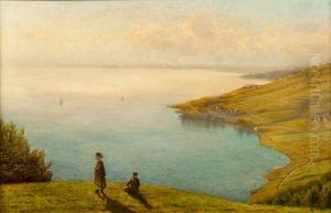 Fillettes Admirant Le Lavaux Et Le Lac Leman by Louis Daniel Edouard Gaulis