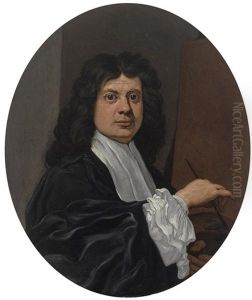 Self Portrait Of The Artist Painting And Holding A Palette by Giovanni Battista Gaulli