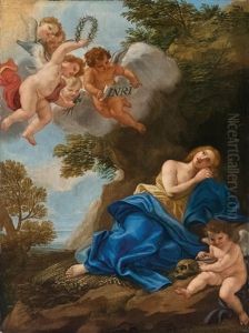 Die Busende Heilige Maria Magdalena Mit Engeln In Einer Landschaft by Giovanni Battista Gaulli