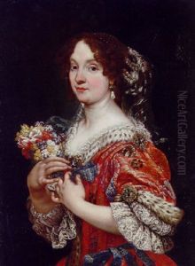Portrait Of Eleonora Boncompagni Borghese In A Red And Gold Embroidered Dress With Blue Ribbons And A Fur-lined Collar, Holding A Bunch Of Flowers by Giovanni Battista Gaulli
