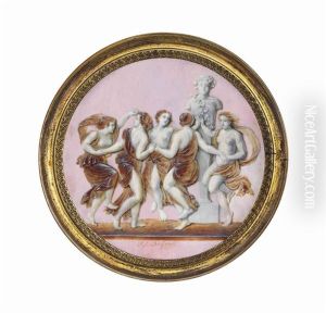 A Classical Scene Of A Group Of Five Scantily Dressed Maenads Dancing Around A Herm Of Bacchus, Simulating An Agate Cameo On A Pink Ground by Jacques-Joseph de Gault