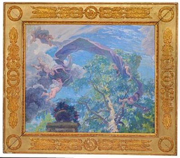 Flying Putti Under Green Treetops - view 1