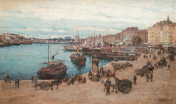 Vue Du Vieux-port De Marseille Tres Animee Prise Du Quai Des Belges by Adolphe-Louis Gaussen
