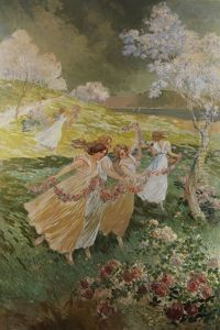 Tanzreigen Junger Madchen In Fruhlingslandschaft by Adolphe-Louis Gaussen