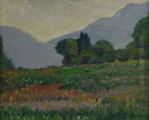 Landscape With A Flower Meadow And Mountains Beyond by Leo Gausson