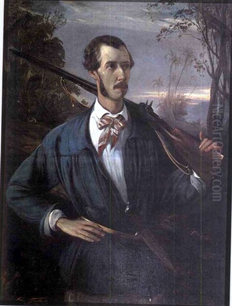 Portrait Of A Gentleman In A Tropical Landscape With Hunting Dogs And Gun - view 1