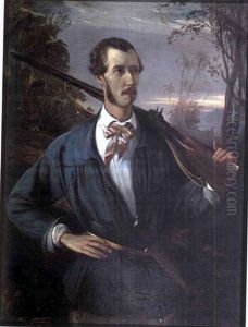 Portrait Of A Gentleman In A Tropical Landscape With Hunting Dogs And Gun