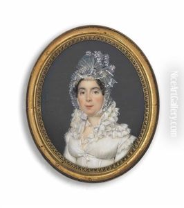 A Lady, In White Dress With Frilled Collar, Gauze Headdress Adorned With Pink Flowers