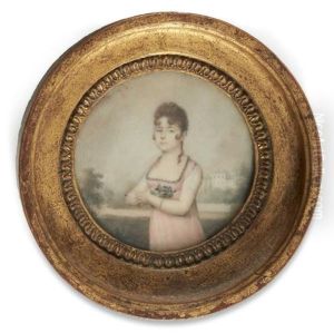 Portrait D'une Jeune Fille En Robe Rose Tenant Un Bouquet De Pensees, Devant Un Paysage Campagnard by Pierre Edouard Gautier dagoty