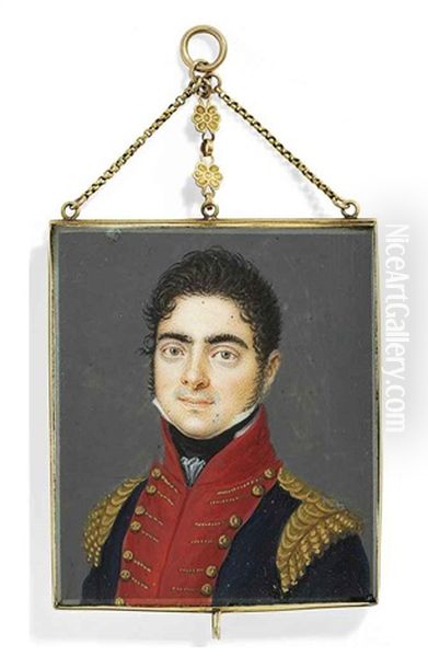 A Young Officer, In Uniform, Blue Coat With Red Facings, Gold Frogging, Buttons And Epaulettes, White Collar, Black Stock, Dark Curling Hair And Sideburns - view 1