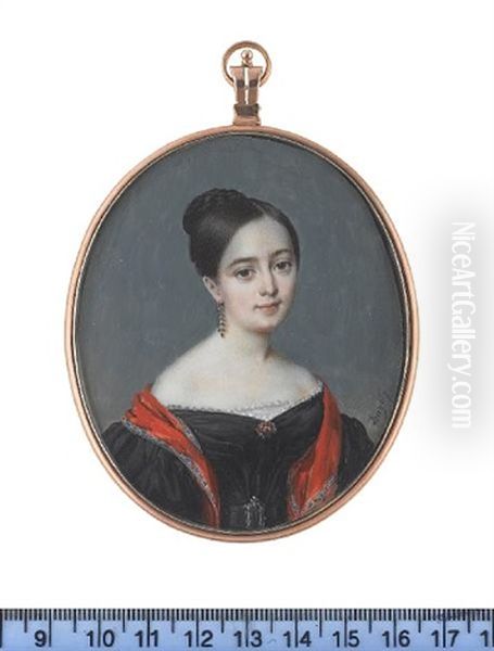 A Lady, Wearing Black Dress With Puff Sleeves And Matching Buckled Belt, Lace Trimmed Slip, Gold Brooch, Drop Earrings And Red Shawl - view 1